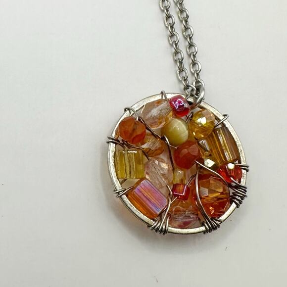 Sterling Silver 925 Wire Wrapped Round Orange Bead Pendant Beaded Chain Necklace - Picture 1 of 8
